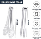 JCREN 12 Pack Mini Tongs - Small Stainless Steel Food Tongs for Serving Appetizers, Tea Party, Coffee, Desserts - 5 inch - Silver