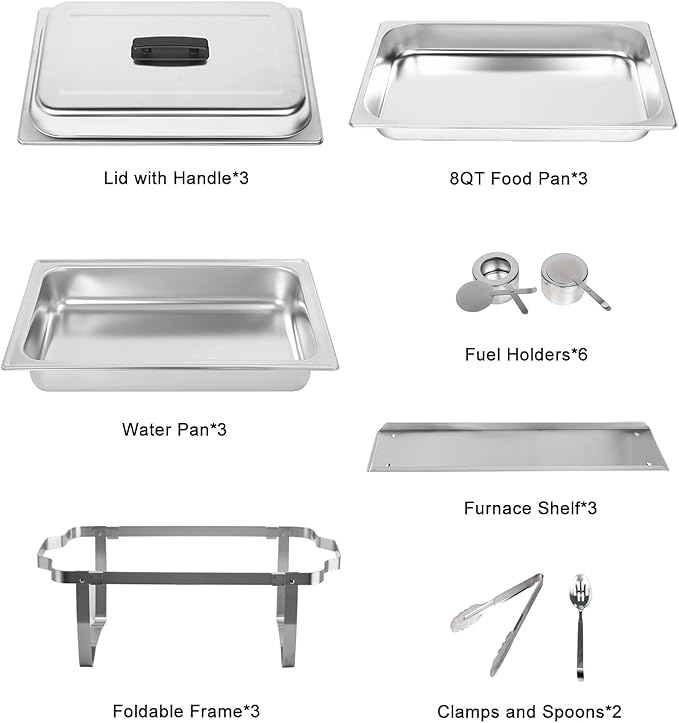 3 Packs Chafing Dish Buffet Set Stainless Steel Food Warmer with 8QT 3 Full Size Pans Portable for Parties Catering Buffet Servers and Warmers