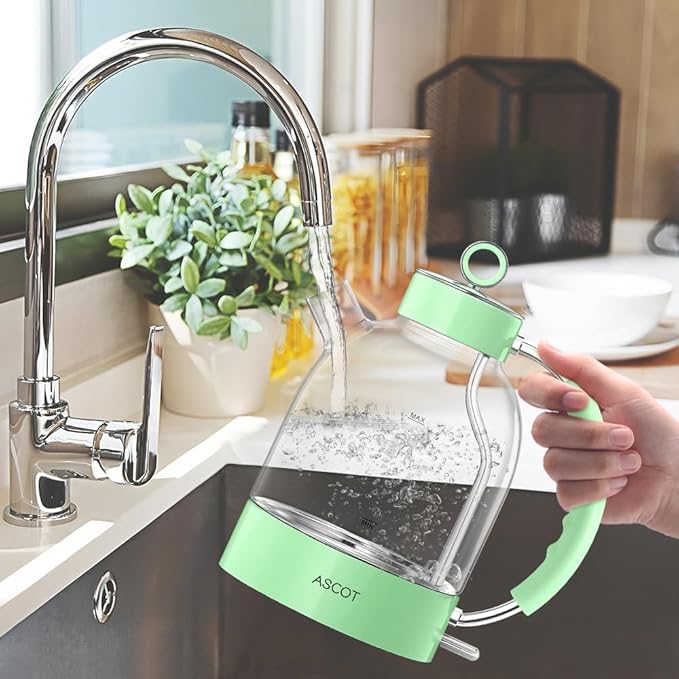 ASCOT Electric Kettle, Glass Electric Tea Kettle Gifts for Men/Women/Family 1.5L 1500W Borosilicate Glass Tea Heater, with Auto Shut-Off and Boil-Dry Protection (Green)