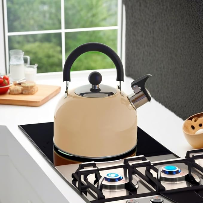 Lily's Home 2 Quart Stainless Steel Whistling Tea Kettle, the Perfect Stovetop Tea and Water Boilers for Your Home, Dorm, Condo or Apartment. (Pastel Cream)