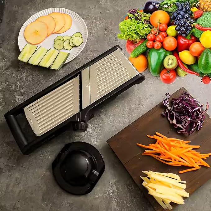 Adjustable Stainless Steel Mandoline Slicer for Kitchen – Sharp & Durable Vegetable and Fruit Cutter with Non-Slip Grip, Safety Gloves, Cleaning Brush – Easy-Clean & Dishwasher-Safe