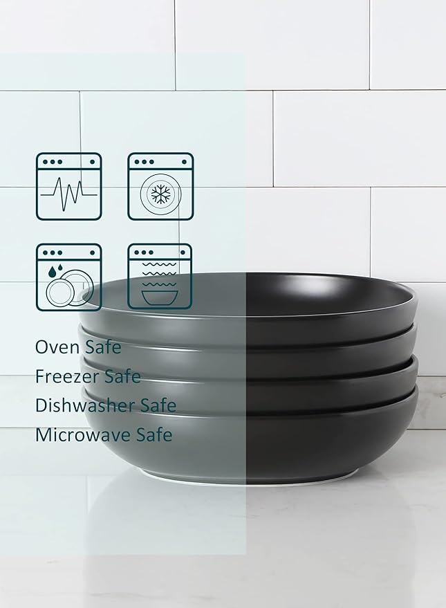 Teocera Pasta and Salad Bowls Set - Large 50 Ounce Porcelain Matte Black Square Bowls, Set of 4 - Microwave and Dishwasher Safe