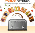 Grey Toaster 4 Slice, Dual Independent Controls, Extra Wide Slot Toasters for Bagel, Bread, Waffles, 7 Shade Settings, 4 Main Functions, Removable Crumb Tray, 1500 Watts, Grey Stainless Steel