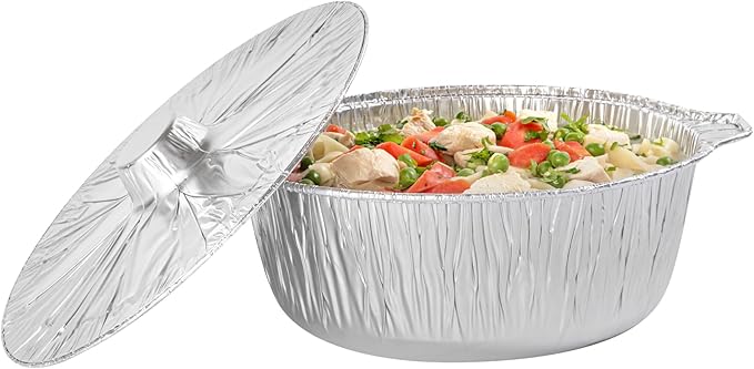 Foil Lux 5.6 Quart Pans And Lids, 100 Disposable Pots With Lids - Oven-Ready, Stove Compatible, Aluminum Foil Baking Pans, Freezable, For Outdoor Camping, Vacation, Picnic, And More - Restaurantware