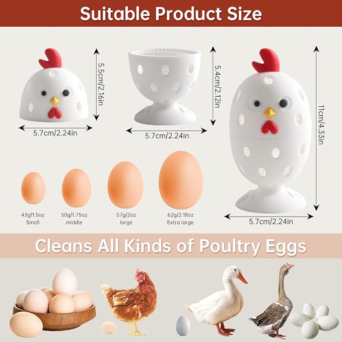 Egg Brush Cleaner, 2PCS Silicone Egg Cleaner Scrubber for Fresh Eggs, Multipurpose Fruit and Vegetable Rotating Scrubber Tool for Fresh Eggs, Reusable Chicken Egg Washer Brush (White)