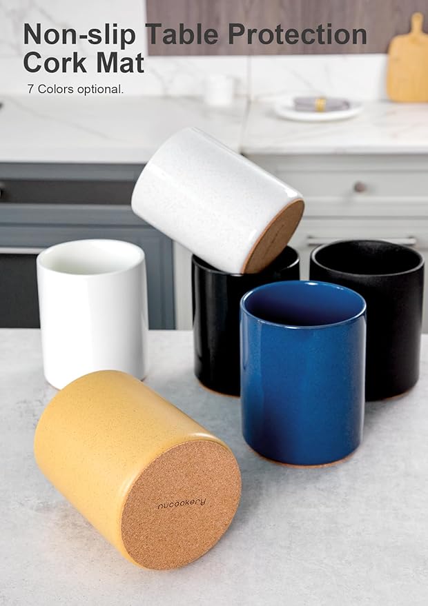 Nucookery Utensil Holder, 6.4" Ceramic Kitchen Utensil Holder for Countertop with Protection Cork Bottom, Vintage Farmhouse Kitchen Decor for Counter (Yellow Sand)