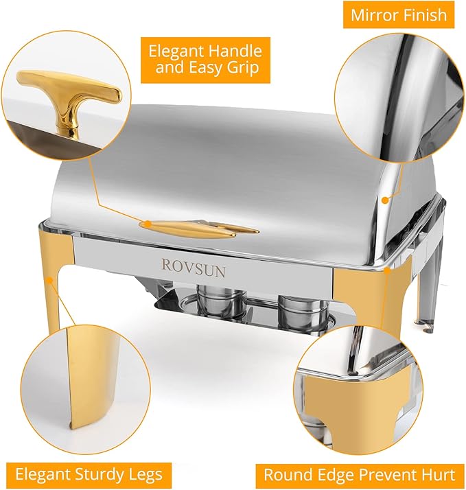 ROVSUN 2 Packs Roll Top Chafing Dish Buffet Set Gold Accent, NSF 9 Quart Rectangular Stainless Steel Chafer, Buffet Servers and Warmers Set Warming Tray for Wedding, Parties, Banquet, Catering Events