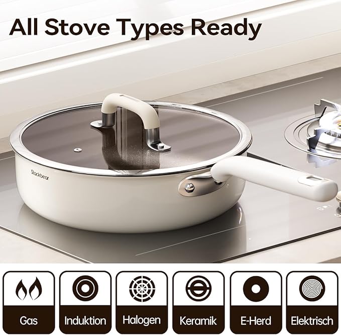 Ceramic Deep Frying Pan Nonstick - 11"(5.5 Qt) Sauté Pan with Lid, Titanium Reinforced Tri-Ply Stainless Steel Skillet, PTFE&PFOA-Free, Non-Toxic, Compatible with All Stovetops