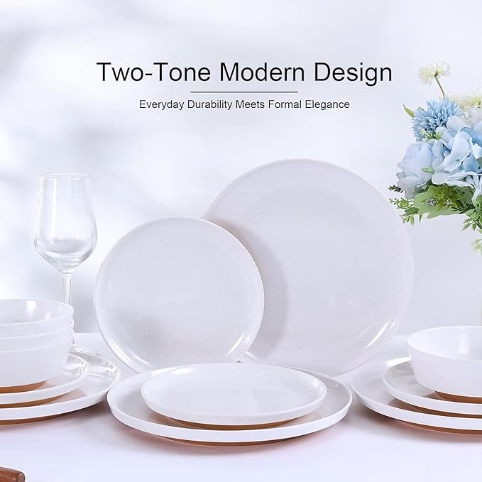 Webbylee 12-Piece Melamine Dinnerware Set - Unbreakable Plates & Bowls Set for 4, BPA-Free Lightweight Kitchen Dishes Idear for Camping, Picnic, Party,White & Brown