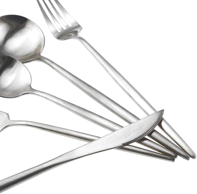 Matte Silver Silverware Set,Gugrida 5-Piece 18/10 Stainless Steel Satin Finish Flatware Set,Kitchen Utensil Set,Tableware Travel Cutlery Set for Camping Office or School Lunch, Dishwasher Safe