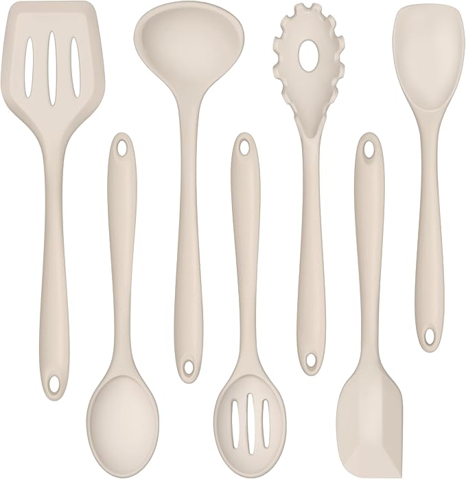 TeamFar Silicone Cooking Utensils, 7 PCS Heat Proof Kitchen Utensils Set, Kitchen Tools Spatula Turner Ladle Spoon Pasta Fork for Nonstick Cookware, Non-Toxic & Dishwasher Safe, Khaki