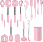 Silicone Utensils Set, Onader 15pcs Kitchen Cooking Utensils with Holder, Non-stick Cookware with Stainless Steel Handle, Kitchen Gadgets Tools Gift - Pink