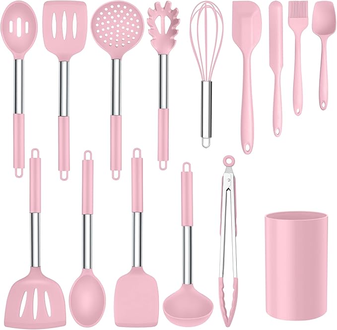 Silicone Utensils Set, Onader 15pcs Kitchen Cooking Utensils with Holder, Non-stick Cookware with Stainless Steel Handle, Kitchen Gadgets Tools Gift - Pink