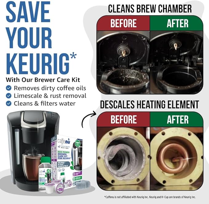 Keurig Compatible Descaling Solution Cleaner and Descaler Kit. 2 Uses Descaling Solution, 3 Cleaning Pods and 2 Filter Replacement. 3 Months Maintenance Kit. For Keurig 1.0 & 2.0