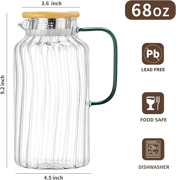 2 PACK Glass Pitcher with Lid, 68 oz/ 2 Liter Classic Vertical Stripes Water Pitcher with Bamboo Lids,Glass Water Carafe for Cold Brew, Coffee, Lemonade, Iced Sun Tea,Beverage,Milk