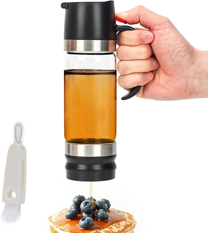12 Oz Glass Honey Dispenser Pot with Silicone Base No Drip Honey Container Jar, Maple Syrup Dispenser with Handle for Pancake, Coffee or Tea Black