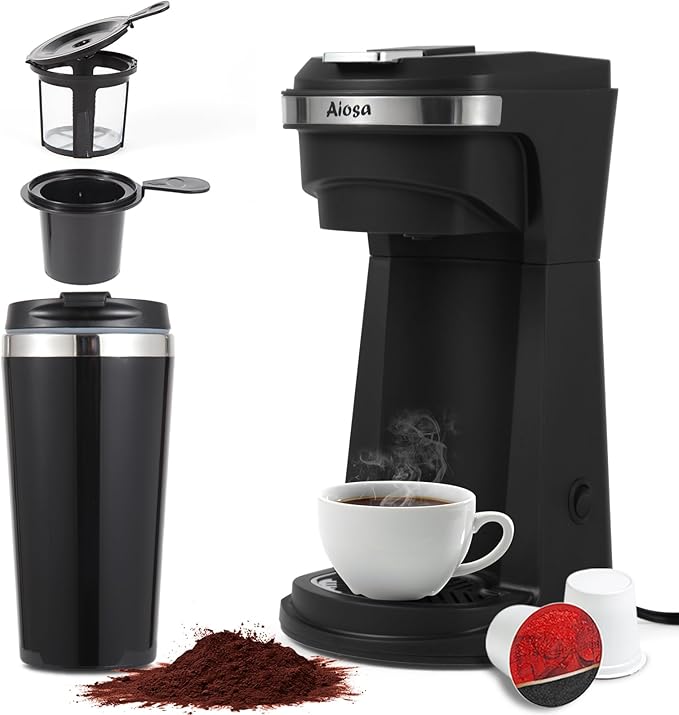 2 in 1 Single Serve K cup Coffee Maker 6-14Oz,With Travel Cup,Mini Single Coffee Maker Machine,One Button Operation,Auto Shut Off,800W With Reusable Filter