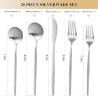 MIKIWAY 20-Piece Silverware Set for 4, Stainless Steel Flatware, Matte Cutlery Tableware, Kitchen Utensils Include Spoons and Forks, Satin Polished, Dishwasher Safe