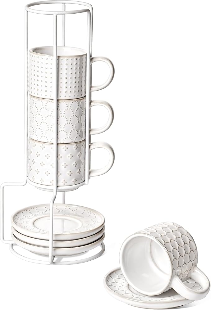 LE TAUCI Stackable Espresso Cups 4 oz with Saucers and Stand, Ceramic Embossment Coffee Cup for Double shot, Lungo, Ristretto, Dishwasher Oven Safe - Set of 4, Arctic white