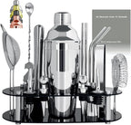 Cocktail Shaker Set Bartender Kit with Stand - 16 Piece Bar Tool Set Drink Mixer Set Includes : 25oz Shakers, Jigger, Strainer, Mixer Spoon, Muddler, Liquor Pourers, Straw (Silver)
