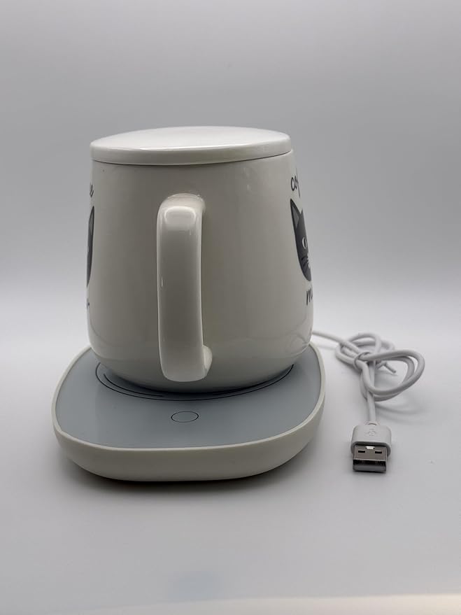 USB-Powered Mug Warmer with Coffee Meow Ceramic Mug Set