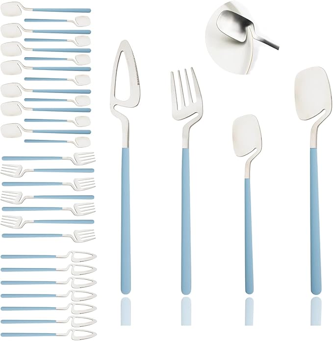 JASHII Flatware Set 32-piece Silverware Set Matte Finished Cutlery Set Service for 8 Include Knife/Fork/Spoon/Coffee spoon Dishwasher Safe (Blue Silver)