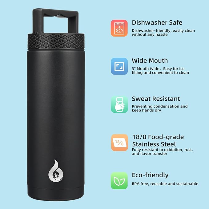 BJPKPK Insulated Water Bottles, Dishwasher Safe 18 oz Water Bottle with Handle, Leakproof BPA Free Water Jug, Stainless Steel Thermos for Sports, Black