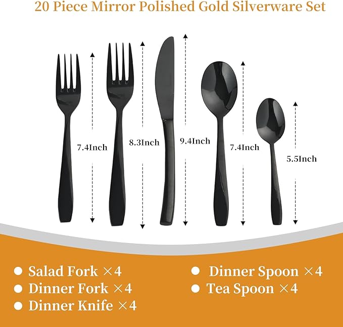 Black 20 Piece Silverware Set,Stainless Steel Flatware Set for 4,18/0 Rust-Proof Cutlery Set with Forks & Spoons,Mirror Polished Dishwasher Safe - Heavy Duty Tableware for Home & Dining