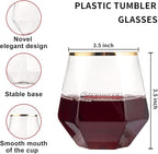 LUODA 32 Pack Gold Plastic Stemless Wine Glasses, 12 Oz Disposable Diamond Shaped Wine Glasses, Clear Plastic Whiskey Glasses with Gold Rim For Serving White Wine