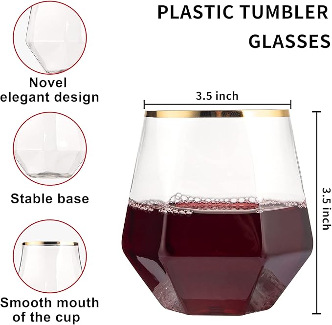 LUODA 32 Pack Gold Plastic Stemless Wine Glasses, 12 Oz Disposable Diamond Shaped Wine Glasses, Clear Plastic Whiskey Glasses with Gold Rim For Serving White Wine