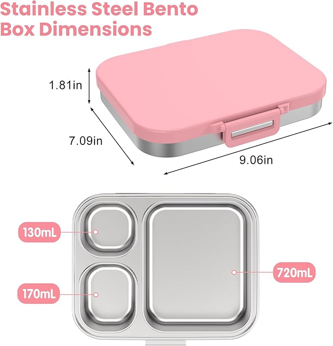Stainless Steel Bento Lunch Box for Kids | 3-Compartment Lunch Box Container Kids | 100% Leakproof, Dishwasher-Safe, Eco-Friendly, Perfect Portion Control for Kids&Adult Healthy Meals (Pink)
