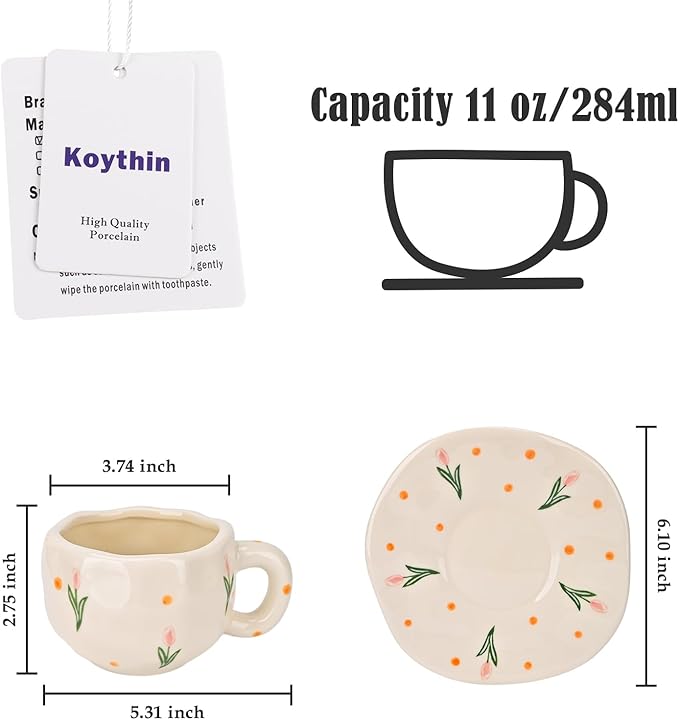 Koythin Ceramic Coffee Mug with Saucer Set, Cute Pink Tulip Flower Cup Unique Irregular Design for Office and Home, 10 oz/300 ml for Latte Tea Milk