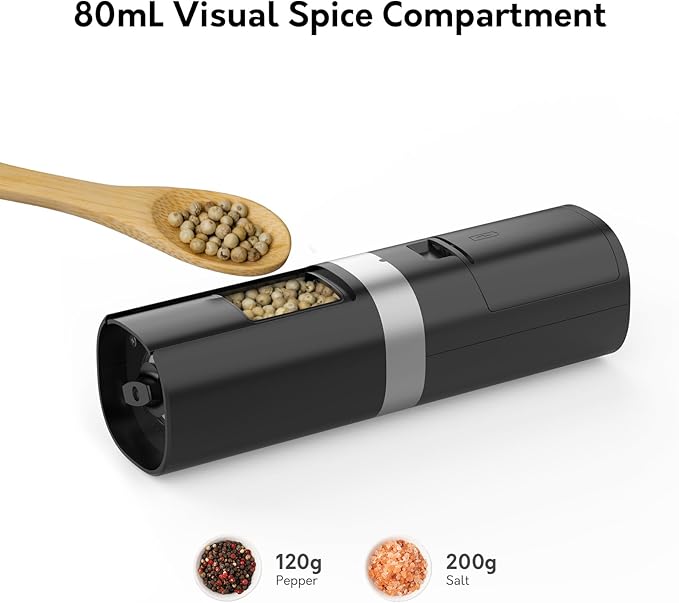 Syaws Electric Pepper and Salt Grinder 1 Pack,Battery Powered Pepper Grinders,Automatic Pepper Mill with LED Light,Adjustable Coarseness One-Hand Operation