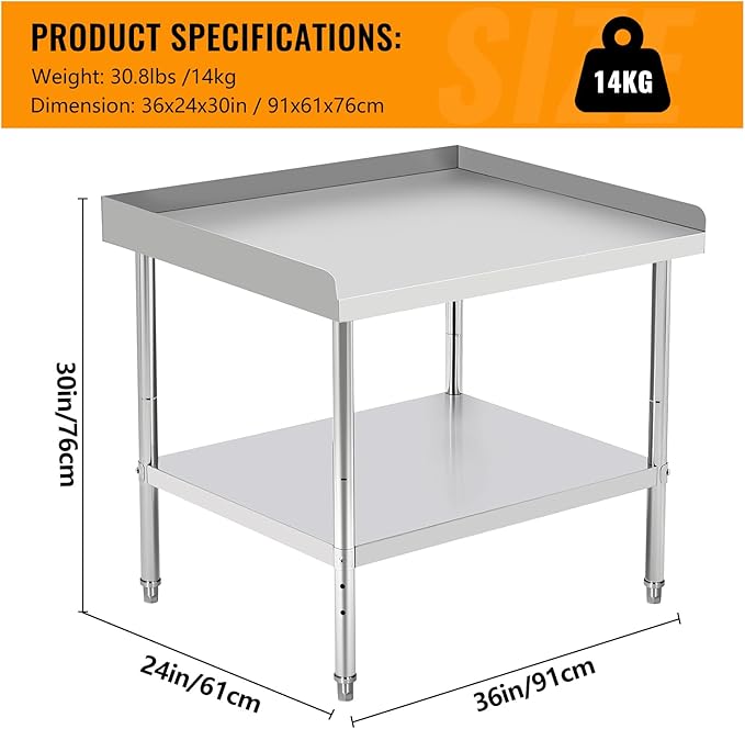 36x24x30 Inch Stainless Steel Equipment Grill Stand Table 400 Lbs Capacity NSF Certified with Adjustable Legs, 2" Edge Baffle, for Hotel, Home, Commercial Restaurant Kitchen