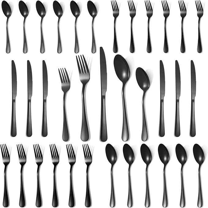 Lazycorner 30 Pcs Black Silverware Set for 6, Mirror Polished Flatware Set Stainless Steel Fork Knife Spoon, Food Grade Eating Utensils Sets, Reusable Silverwear Cutlery Set, Dishwasher Safe