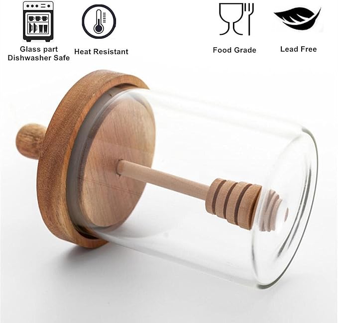 Honey Jar with Dipper and Lid - Glass Honey Pot with An Extra Wooden Dipper Stick, Home Kitchen Honey Containers Holder with Wider Diameter to Store Honey and Syrup, Airtight 13.5 oz