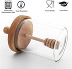 Honey Jar with Dipper and Lid - Glass Honey Pot with An Extra Wooden Dipper Stick, Home Kitchen Honey Containers Holder with Wider Diameter to Store Honey and Syrup, Airtight 13.5 oz