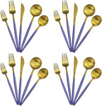 Gugrida 20-Piece 18/10 Stainless Steel Flatware Silverware, Luxury Dinnerware Set Travel Cutlery Tableware Include Knife Fork Spoon Service for 4, Dishwasher Safe (Purple Handle Matte Gold)