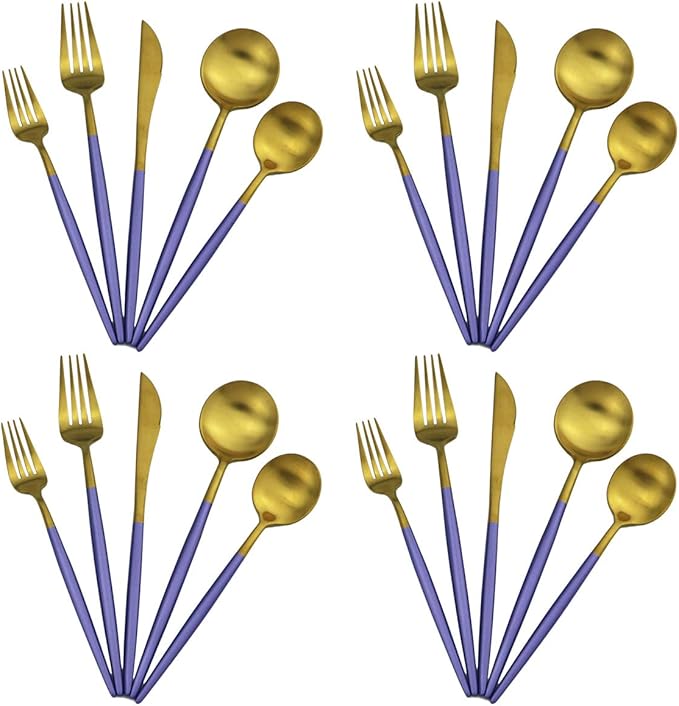 Gugrida 20-Piece 18/10 Stainless Steel Flatware Silverware, Luxury Dinnerware Set Travel Cutlery Tableware Include Knife Fork Spoon Service for 4, Dishwasher Safe (Purple Handle Matte Gold)