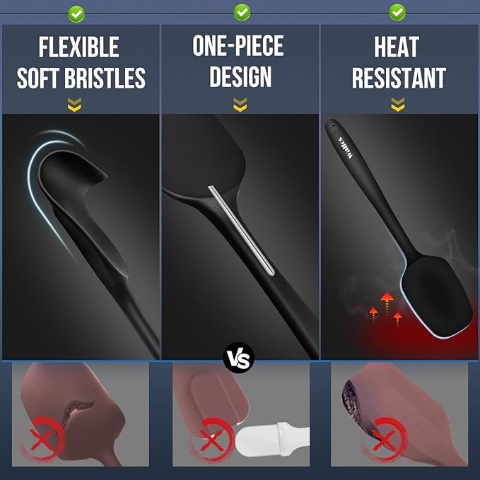 Walfos Silicone Spatula Set of 5 - (600°F) High Heat Resistant Kitchen Scraper Spatulas, One-Pieces Seamless Design, Perfect for Cooking Mixing & Baking - BPA Free and Dishwasher Safe,black