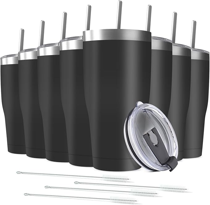 8 Pack 30oz Stainless Steel Tumblers Bulk Reusable Travel Mugs with Lid, Double Wall Powder Coated Coffe Cup for Home, Office, Outdoor Suitable for Vehicle Cup Holders