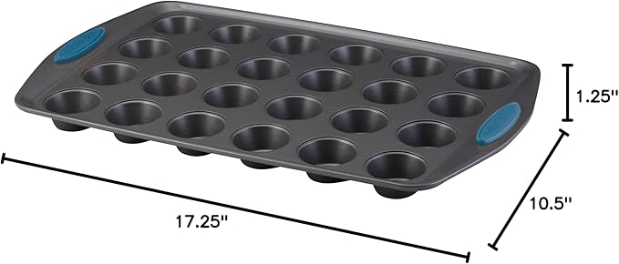 Rachael Ray Yum-o! Nonstick Mini Muffin & Cupcake Tin - 24 Cup, Gray with Marine Blue Grips