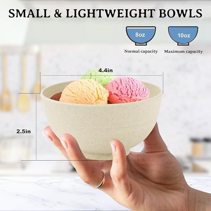 Beige Wheat Straw Bowls, 10 OZ Snack Bowl Set of 8, Unbreakable Ice Cream Bowl Set, Alternative Plastic Bowls Reusable, Microwave Safe Small Appetizer Bowl for Dessert, Snack (Beige)