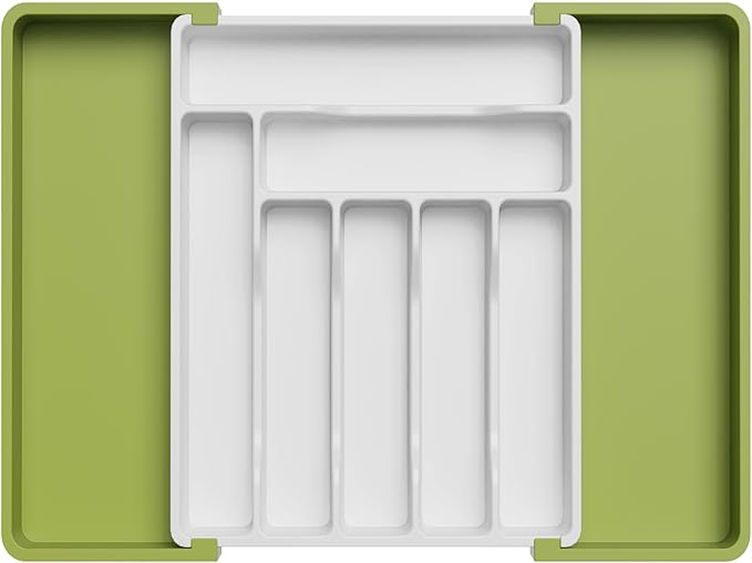 Lifewit Silverware Drawer Organizer, Expandable Utensil Organizer for Kitchen Drawers, Adjustable Cutlery and Flatware Tray, Plastic Spoons Forks Knives Holder Storage Dividers, Large, Green&White