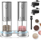 Automatic Salt and Pepper Grinder Set – Rechargeable Stainless Steel Mills with Adjustable Coarseness, One-Handed Operation, LED Light & Storage Base