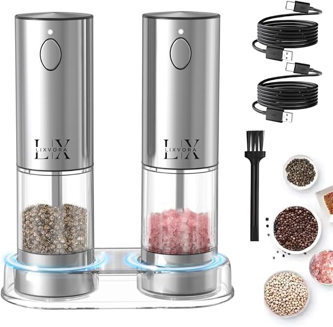 Automatic Salt and Pepper Grinder Set – Rechargeable Stainless Steel Mills with Adjustable Coarseness, One-Handed Operation, LED Light & Storage Base