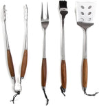 Schmidt Brothers - BBQ Bonded Teak 4 Piece Grilling Accessory Set, Full-Forged Stainless Steel Grilling Utensils Including Spatula, Fork, Basting Brush, and Tongs with All Wood Handles