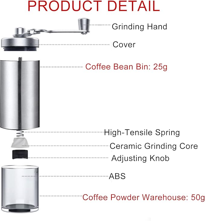 Manual Coffee Grinder, Coffee Bean Grinder with Adjustable Settings, Stainless Steel Hand Coffee Mill, Coffee Grinder Manual for Camping Home and Office (Sliver)