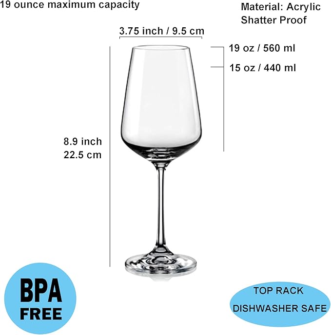 KOXIN-KARLU Unbreakable Classic 18 ounce All-Purpose Plastic Stem Wine Glasses Acrylic Glasses, Set of 6 Clear