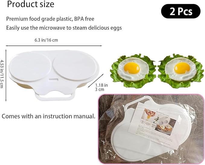 2 Pcs White Egg Poacher, Microwave Egg Boiler Poacher, Microwave Egg Poacher, 2 Cavity Nonstick Poached Egg Maker With Lid, Egg Cooker, Double Drain Poached Cups Specialty Cookware
